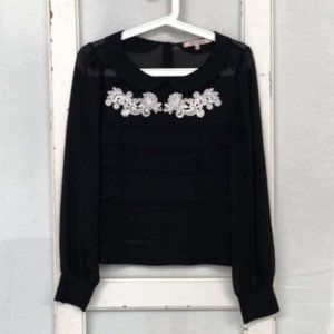 BARDOT Black Pearl Long Sleeve Keyhole Cut Out Crop Top Blouse